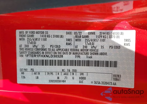 2022 Ford Ranger Xlt из США, поврежденный, VIN 1FTER1FHXNLD30328